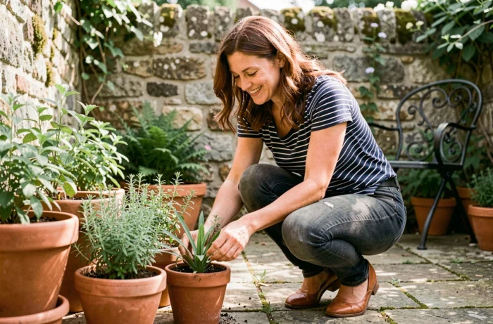 Femme entretenant son jardin en terrasse avec des plantes aromatiques, scène de vie familiale et quotidienne en France