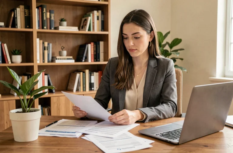 Jeune femme professionnelle consultant des documents administratifs pour une prime d'installation dans un bureau à domicile moderne