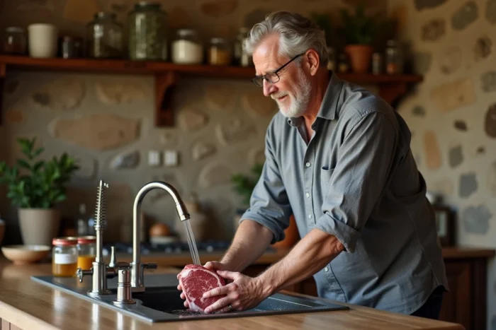 Homme d'âge mûr rinçant soigneusement une pièce de viande rouge crue sous l'eau courante dans un évier en céramique d'une cuisine rustique pour éliminer les œufs de mouche