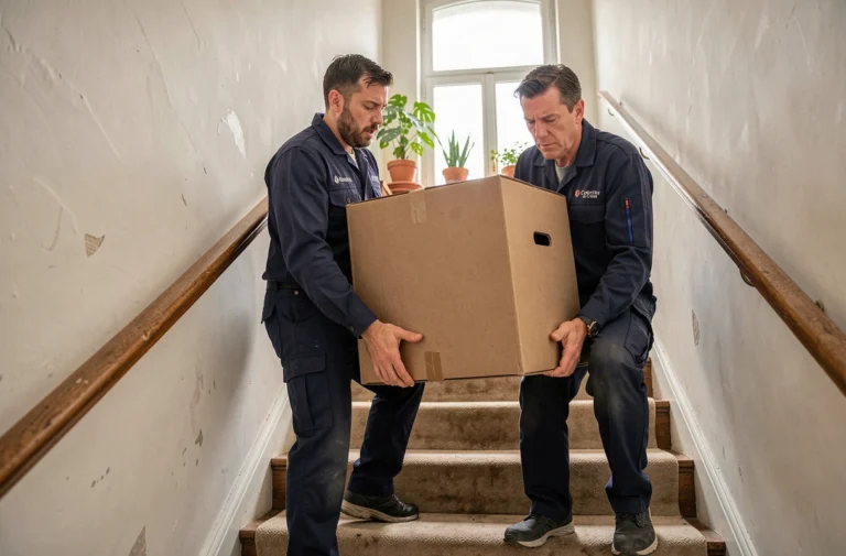 Deux livreurs professionnels portant un meuble en carton dans l'escalier d'un immeuble parisien