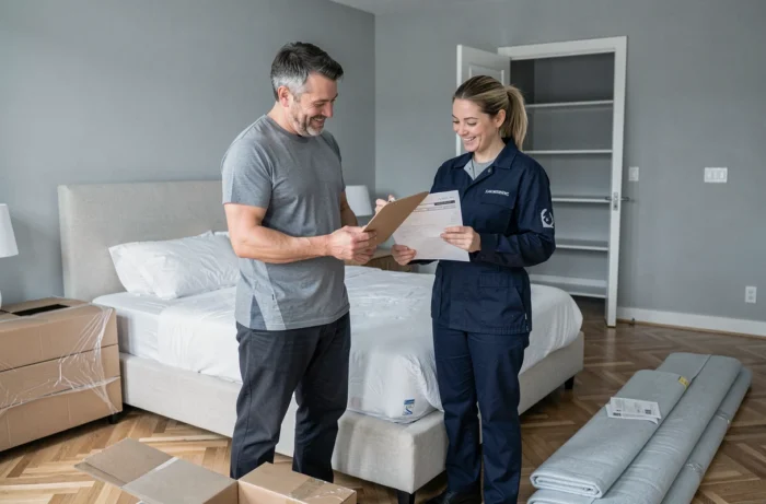 Un couple satisfait signant le bon de livraison d'une chambre nouvellement meublée avec un livreur professionnel