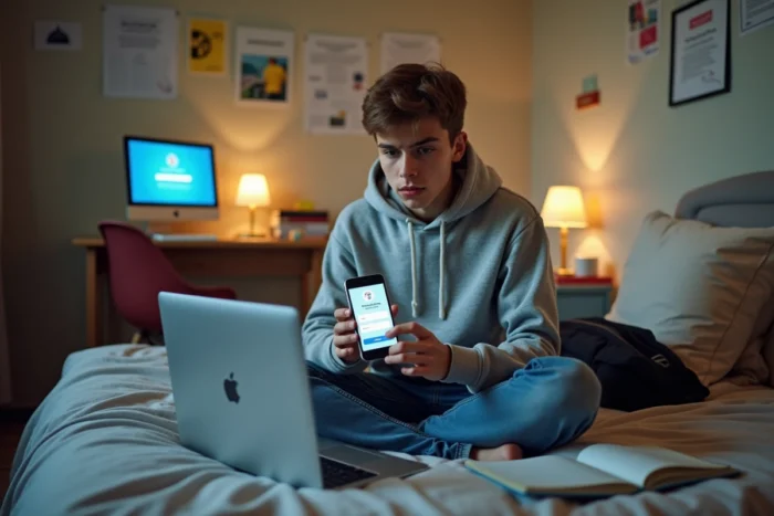 Lycéen consultant son smartphone et son ordinateur pour résoudre un problème de connexion id ac Versailles