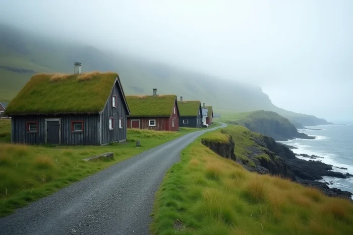 Village traditionnel aux toits de tourbe des Îles Féroé avec vue sur le fjord