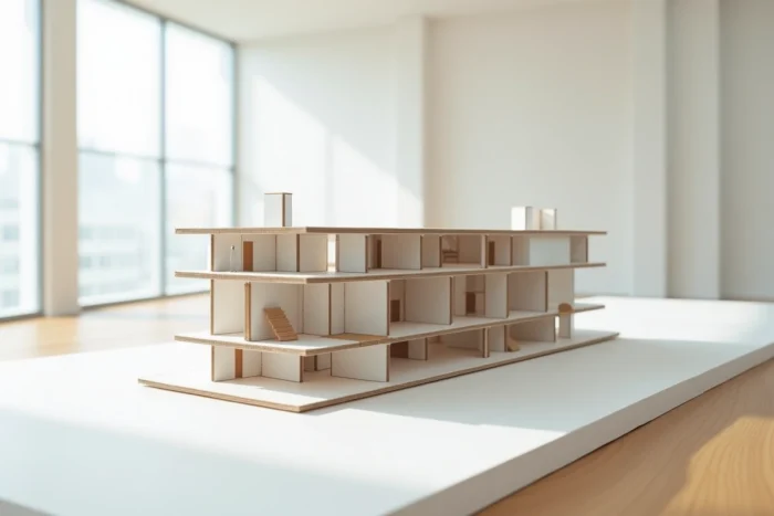 Maquette architecturale en coupe longitudinale exposant les niveaux intérieurs, escaliers et circulations d'un bâtiment