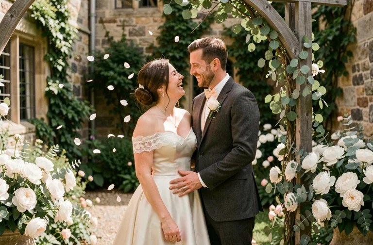 Mariés souriants sous une arche fleurie dans un jardin de manoir avec des pivoines blanches et de l'eucalyptus