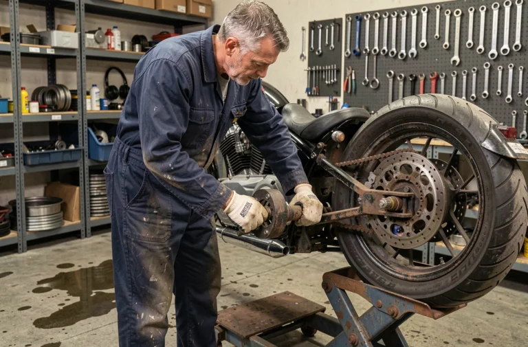 Mécanicien professionnel inspectant les pièces de conversion trike sur une moto dans un atelier spécialisé