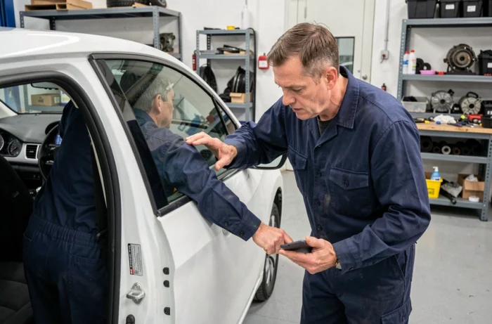 Mécanicien professionnel expliquant les voyants du tableau de bord d'une Peugeot 208 blanche dans un garage automobile