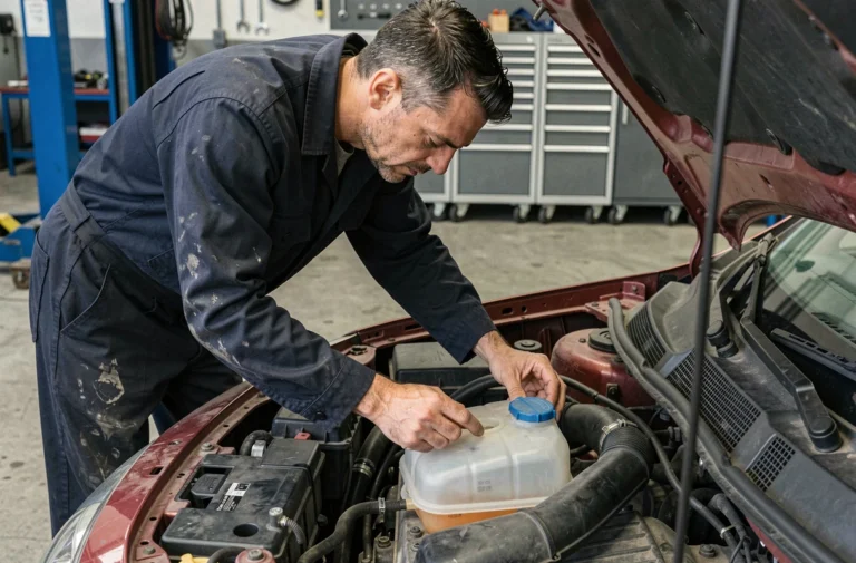 Mécanicien inspectant le réservoir de liquide de refroidissement d'une Renault Clio 3 dans un garage professionnel