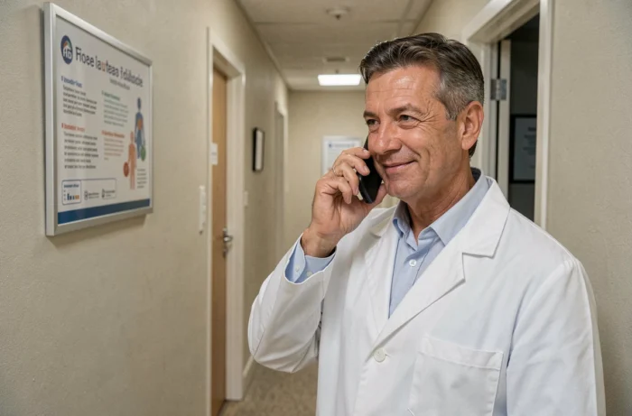 Médecin de garde en blouse blanche répondant au téléphone dans un couloir de cabinet médical