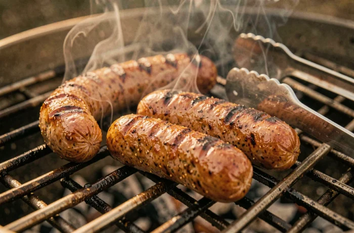Gros plan sur des merguez grillées sur les grilles d'un barbecue avec des marques de cuisson et de la fumée