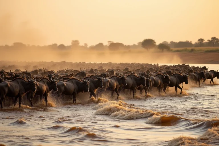 Immense troupeau de gnous traversant une rivière boueuse lors de la grande migration en Tanzanie
