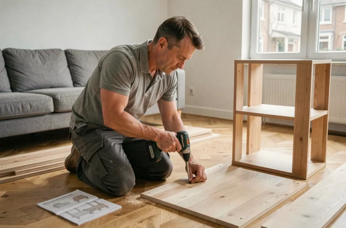 Technicien professionnel en train de monter une bibliothèque en kit dans un salon moderne