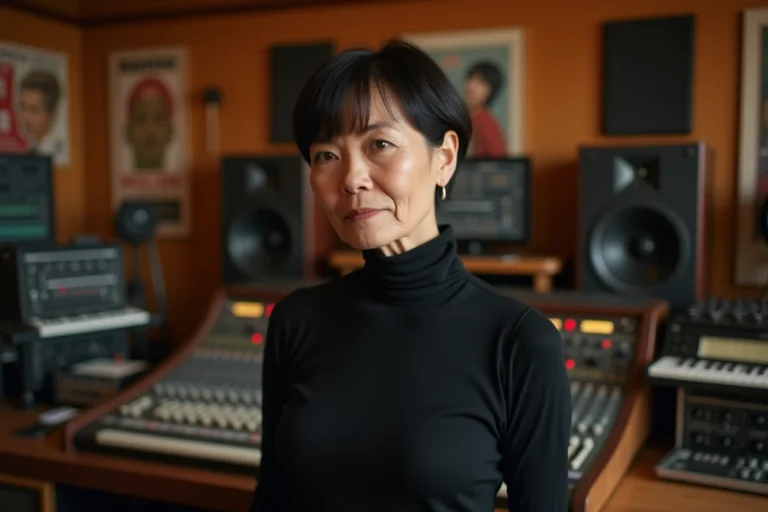 Portrait d'une chanteuse emblématique des années 80 dans un studio d'enregistrement vintage entouré de vinyles et de consoles analogiques