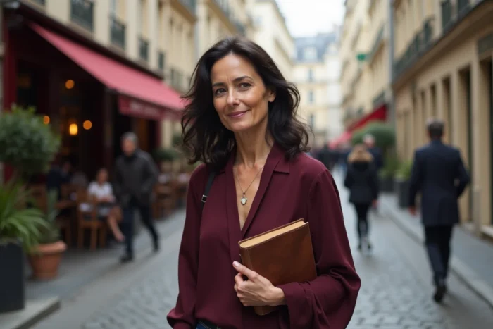 Femme artiste inspirée de Muriel Moreno se promenant dans une rue pavée parisienne avec un carnet créatif sous le bras