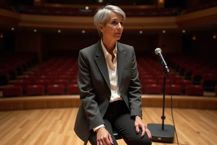 Chanteuse de Niagara assise sur scène dans une salle de concert intimiste lors d'une session de répétition