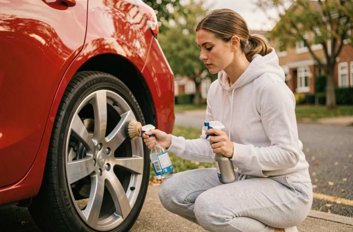 Femme nettoyant les jantes d'une voiture rouge dans une allée résidentielle avec brosse de détailing