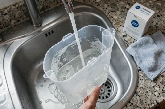 Réservoir d'eau d'une machine Tassimo en cours de nettoyage pour résoudre un problème de petit café