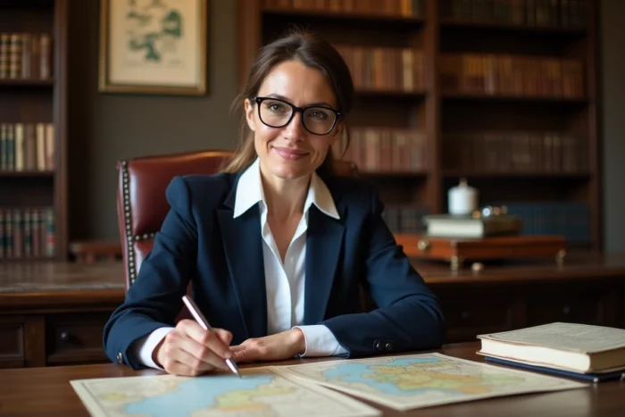 Avocate spécialisée en immobilier examinant des documents officiels pour l'acquisition d'un château historique dans une étude notariale française