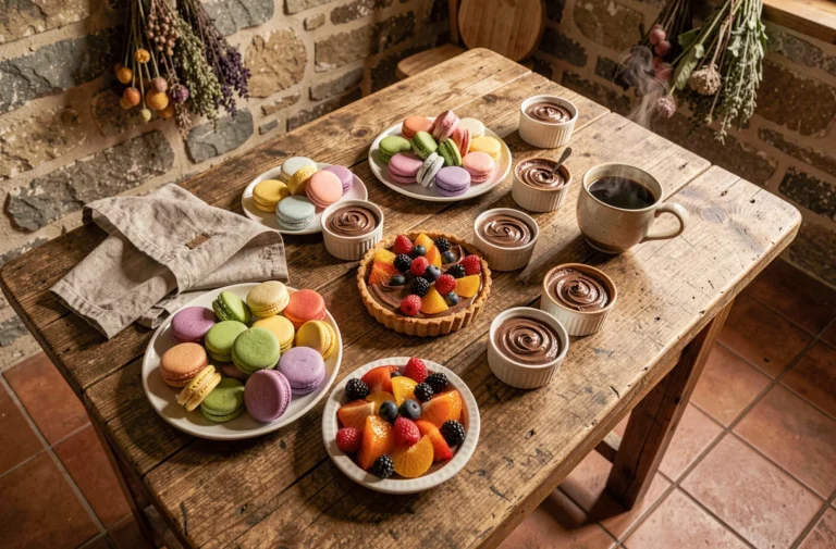 Table rustique en bois garnie de nouvelles gourmandises françaises : macarons colorés, tarte aux fruits, mousse au chocolat et café, dans une cuisine de campagne chaleureuse