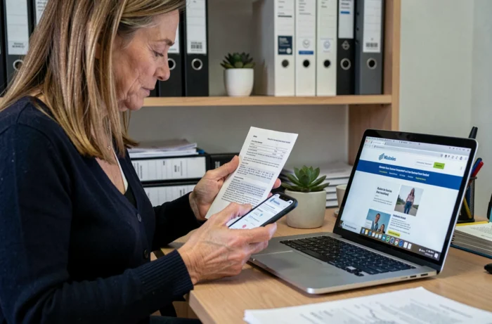 Femme numérisant sa feuille de soin Pacifica avec son smartphone pour transmission en ligne et remboursement rapide