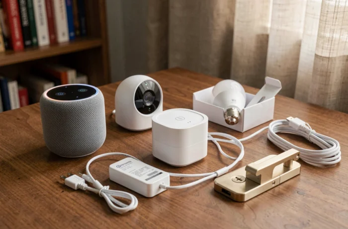 Collection d'objets connectés pour maison intelligente disposés sur un bureau en bois : enceinte, caméra, ampoule et hub domotique