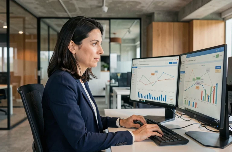 Femme professionnelle analysant des tableaux de bord informatiques sur un double écran dans un bureau moderne