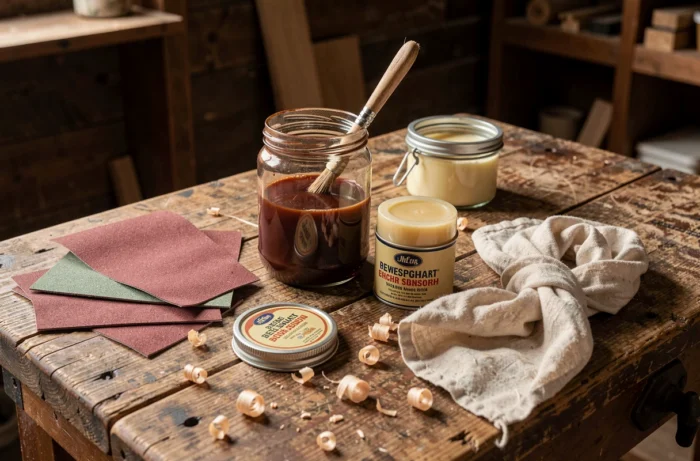 Outils et matériaux essentiels pour la rénovation d'un meuble en bois disposés sur un établi