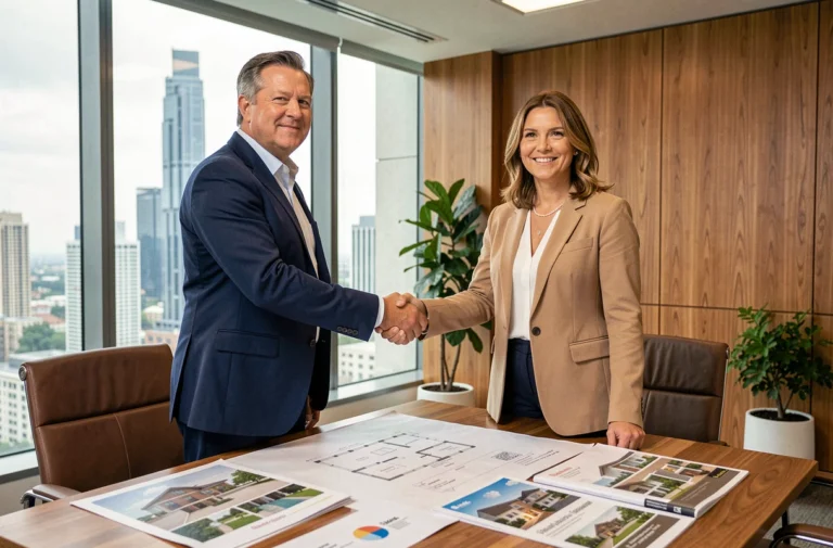 Deux professionnels de l'immobilier se serrant la main lors d'un partenariat commercial dans un bureau moderne