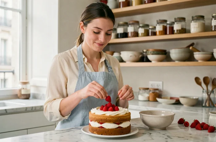 Jeune femme française en tablier bleu décorant un entremets aux framboises dans une cuisine parisienne moderne avec étagères en bois et ingrédients artisanaux