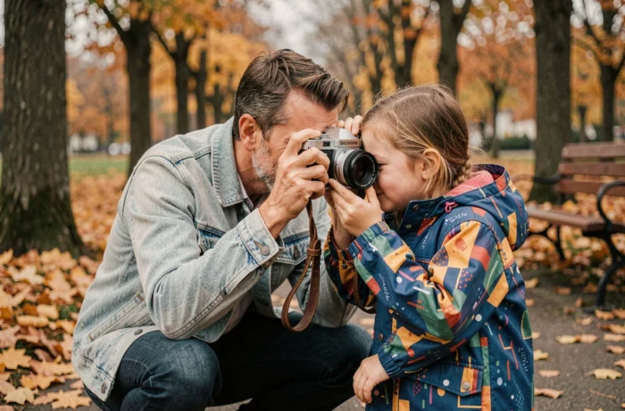 Père et sa fille apprenant ensemble la photographie avec un appareil argentique dans un parc en automne