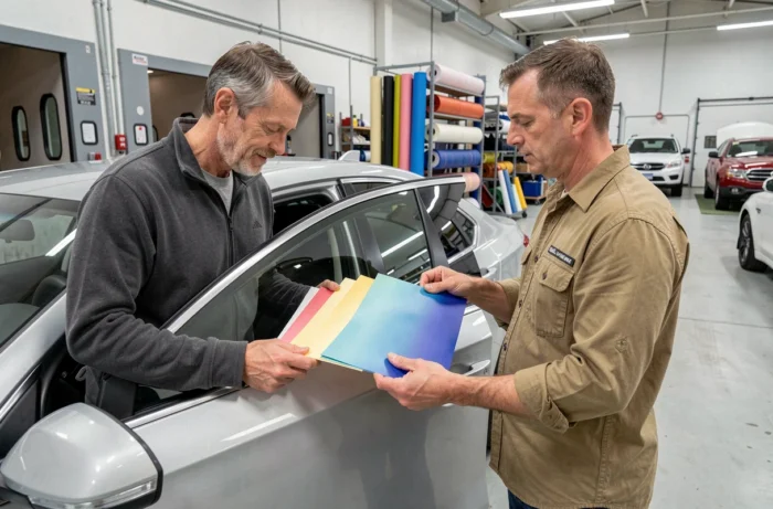 Deux hommes comparant des échantillons de covering vinyle pour personnaliser une berline argentée dans un atelier automobile