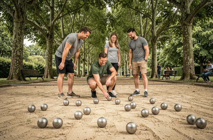 Trois amis jouant à la pétanque dans un parc public près de Cholet lors d'une activité de loisir en plein air