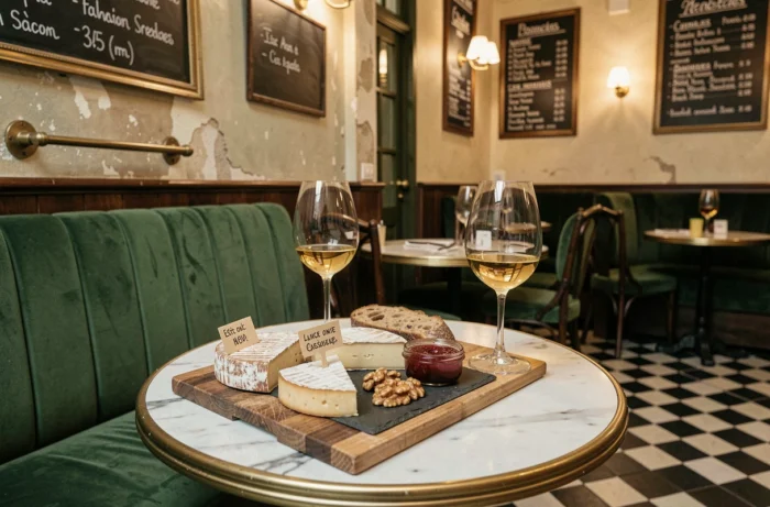 Plateau de dégustation gourmand avec fromages artisanaux, confiture de figue, pain aux noix et vin blanc dans un bistro parisien authentique au décor vintage