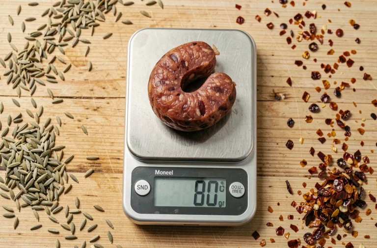 Merguez crue posée sur une balance de cuisine numérique indiquant son poids en grammes, entourée d'épices sur une planche en bois