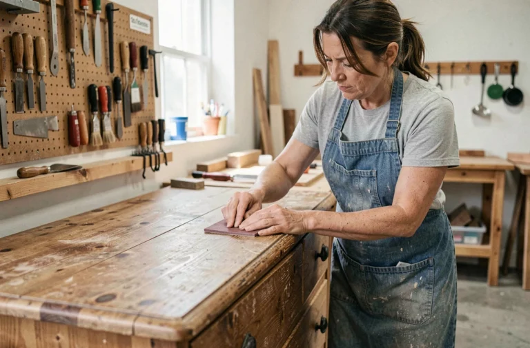 Femme ponçant un meuble en bois ancien dans un atelier de rénovation