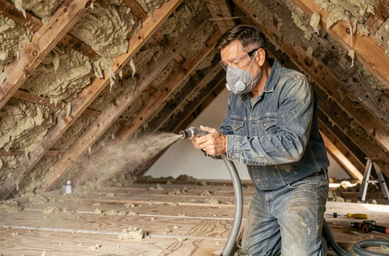 Artisan soufflant de la ouate de cellulose dans les combles d'une maison lors de travaux d'isolation thermique