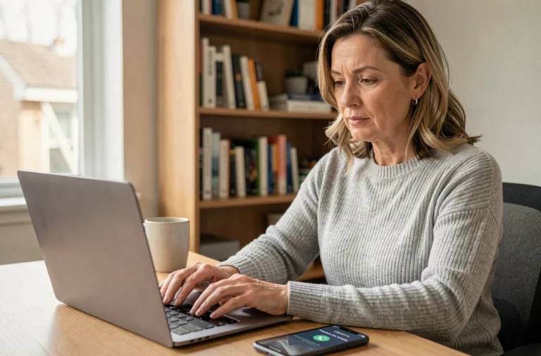 Femme se connectant pour la première fois à son compte MyFoncia sur un ordinateur portable avec authentification sécurisée