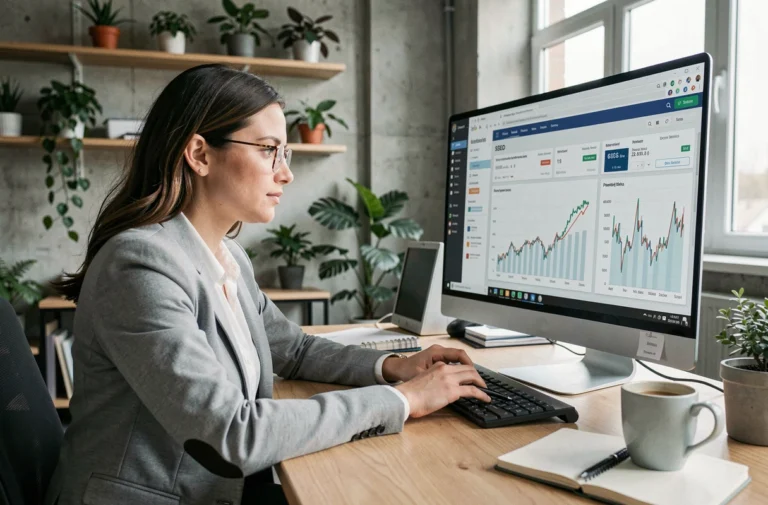 Une professionnelle analysant des données de référencement SEO sur un écran d'ordinateur dans un bureau moderne