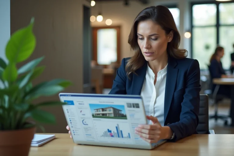 Professionnelle immobilière utilisant le logiciel Immogenius sur un ordinateur portable dans un bureau moderne en 2026