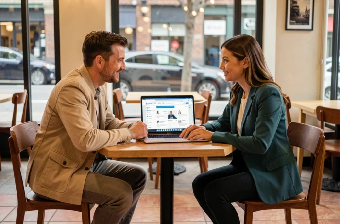 Deux professionnels collaborant sur une plateforme d'emploi en ligne dans un café urbain