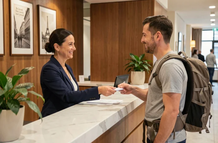 Réception d'un hôtel français avec une hôtesse accueillant un voyageur, service d'hébergement en ville