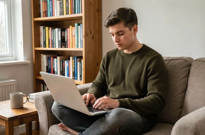 Jeune professionnel recherchant un emploi sur son ordinateur portable depuis son espace de travail à domicile, stratégie de recherche d'emploi efficace