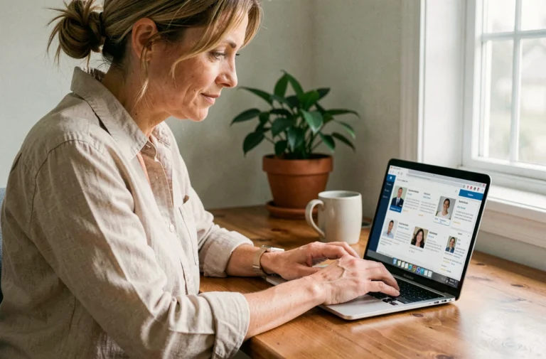 Femme cherchant un professionnel de santé fiable sur son ordinateur portable depuis son bureau à domicile