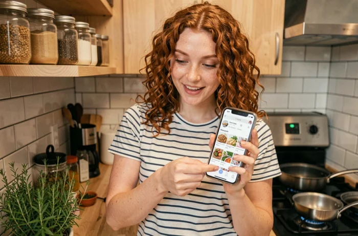 Jeune femme cherchant une recette sur smartphone dans une petite cuisine urbaine moderne