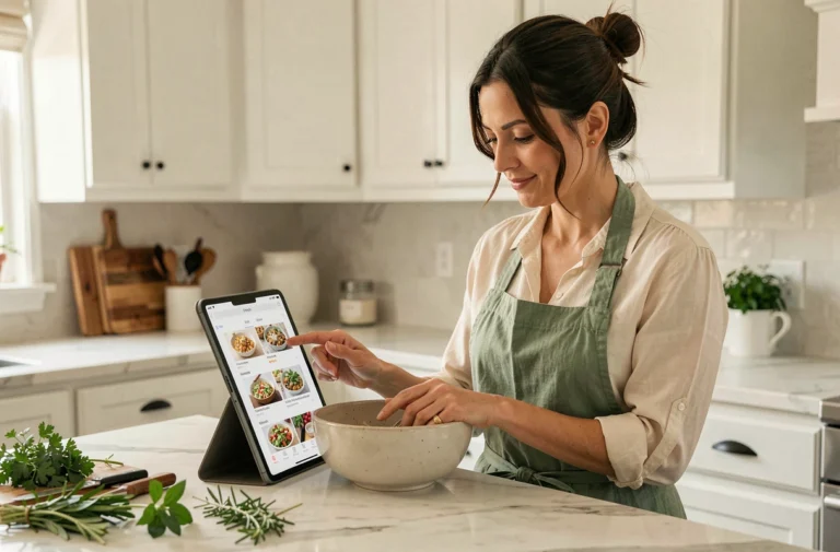 Femme consultant une application de recettes culinaires sur tablette dans une cuisine moderne