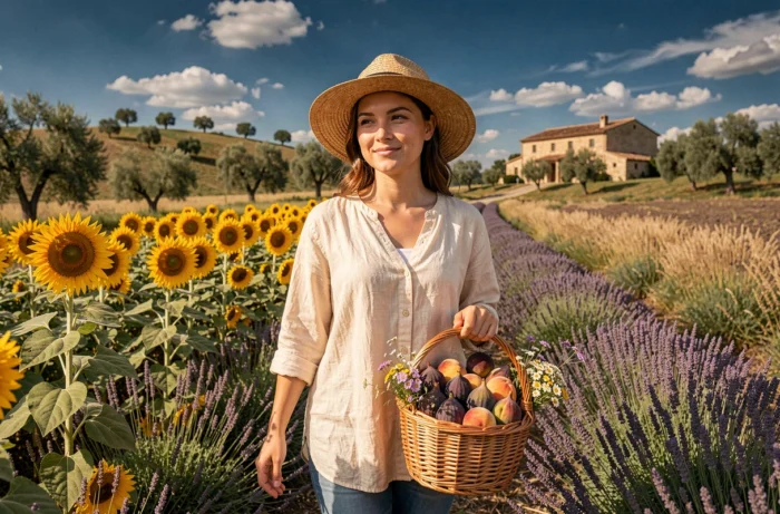 Jeune femme récoltant des figues et des pêches dans un champ de lavande d'une ferme provençale