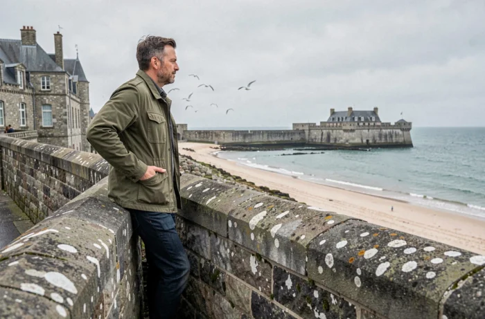 Homme sur les remparts de Saint-Malo avec vue sur le Fort National et la mer en Bretagne