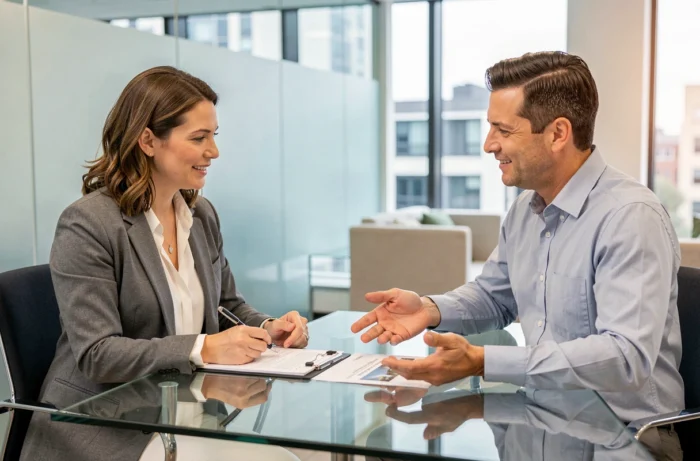 Femme en réunion avec un conseiller immobilier dans une agence moderne pour préparer un achat immobilier