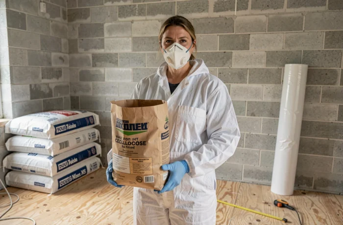 Femme tenant un sac de ouate de cellulose Brico Dépôt avant d'effectuer des travaux d'isolation intérieure