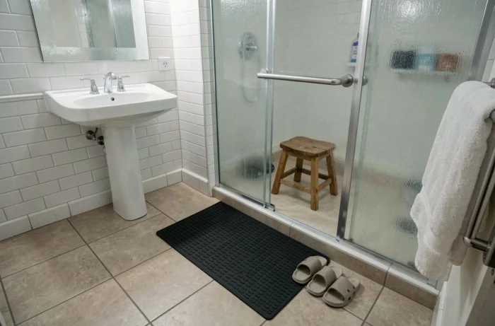 Salle de bain aménagée avec barre d'appui et tapis antidérapant pour prévenir les chutes des seniors